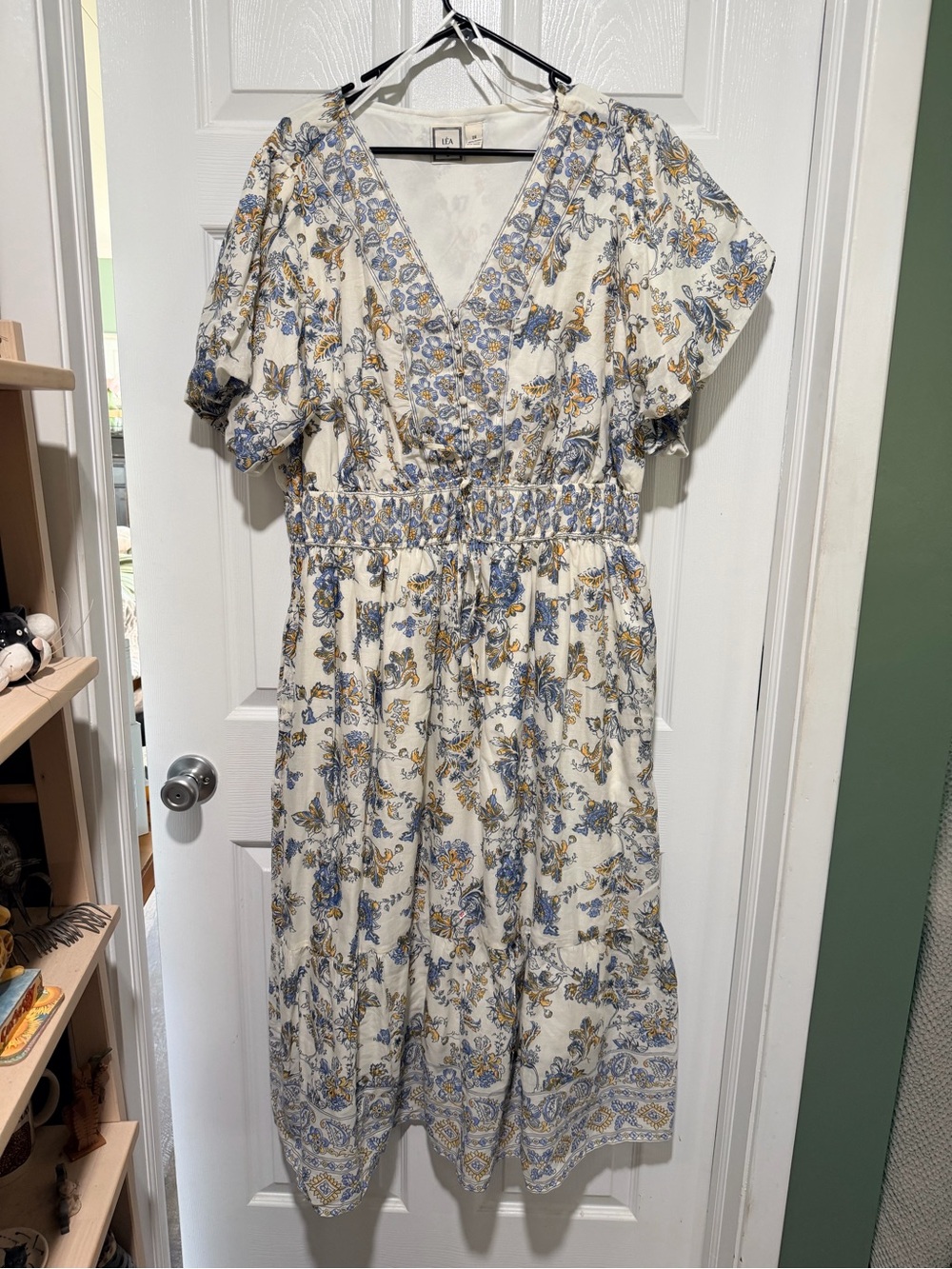 Smocked Waist Floral Midi Dress - Blue & Gold on Cream